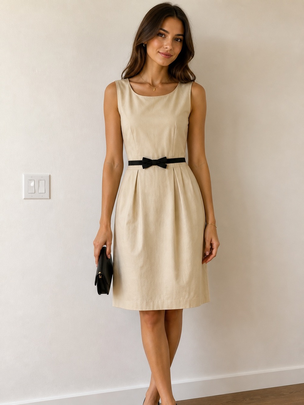 Kate Spade Sleeveless Sheath Dress Black Bow Career Beige Sz 8